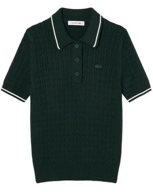 Lacoste Gestreepte Kabelgebreide Trui Met Polokraag - Groen