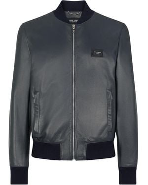 Dolce & Gabbana Logo-Plaque Leather Bomber Jacket - Blue