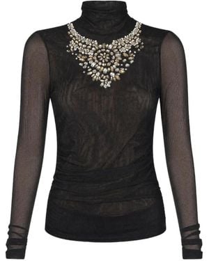 Cinq À Sept Crystal-Embellished Shirred Mesh Top - Black