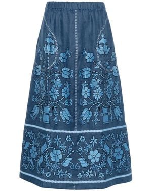 Vita Kin Midi-Rok Met Geborduurde Bloemen - Blauw