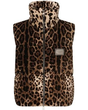 Dolce & Gabbana Sleeveless Leopard-Print Jacket With Logo Tag - Brown