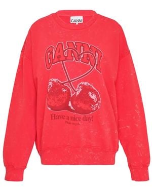Ganni Cherry-Print Acid-Wash Sweatshirt - Red