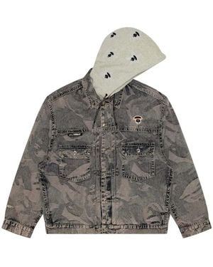 Aape By A Bathing Ape Paneled Hooded Denim Jacket - Gray