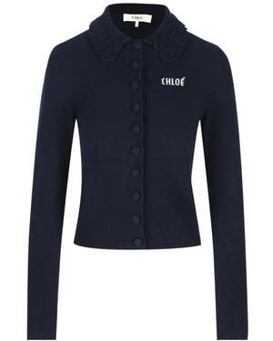 Chloé Crochet-Collar Logo-Embroidered Cardigan - Blue