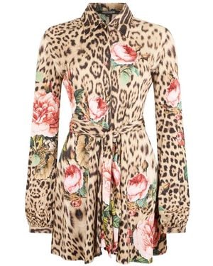 Roberto Cavalli Leopard-Print Floral-Print Mini Dress - White