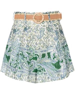 Zimmermann Ottie Paisley Print Belted Linen Shorts - Green