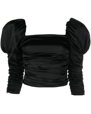 Alice + Olivia Katrice 3/4 Puff Sleeve Square Neck Ruched Top Blouse - Black
