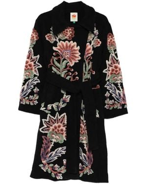 FARM Rio Floral-Embroidered Belted Coat - Black