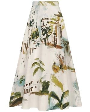 Oscar de la Renta Dominican Landscape Cotton Poplin Skirt - White