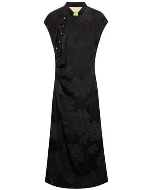 Shanghai Tang Floral Qipao Ruched Midi Dress - Black