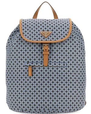 Prada Printed-Pattern Leather-Trimmed Backpack - Blue