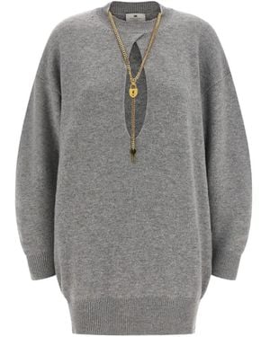 Elisabetta Franchi Chain-Embellished Wool Mini Dress - Grey