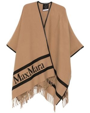 Max Mara Fringed Logo-Lettering Wool Scarf - Natural