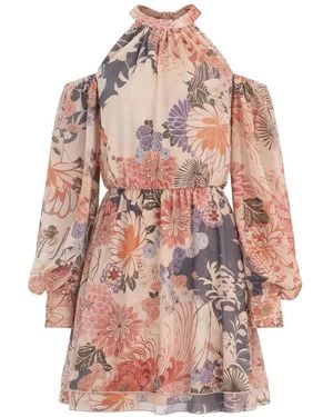 Guess Floral-Print Cold-Shoulder Mini Dress - Pink
