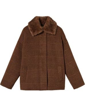 Twinset Wool Cloth Check Caban Coat With Faux Fur - Brown