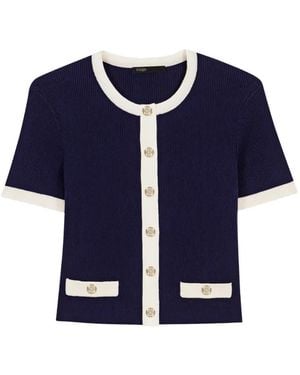 Maje Ribbed Contrast-Trim Cardigan - Blue