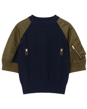 Sacai Nylon-Panelled Knitted Jumper - Blue