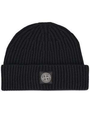 Stone Island Logo-Patch Ribbed-Knit Beanie Hat - Black