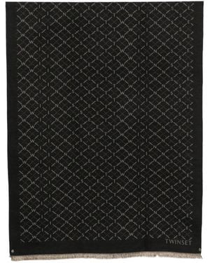Twinset Logo-Jacquard Frayed Scarf - Black