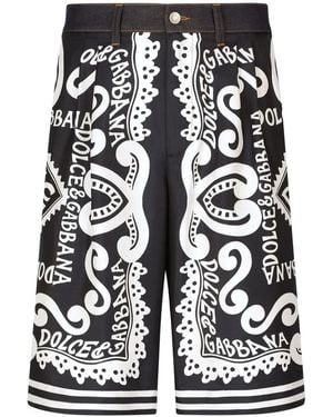 Dolce & Gabbana Abstract Print Denim Shorts With Pleat Detailing - Black