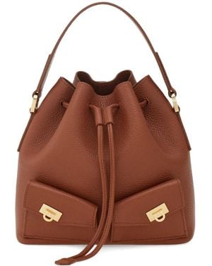 Ferragamo Drawstring Leather Bucket Bag - Brown