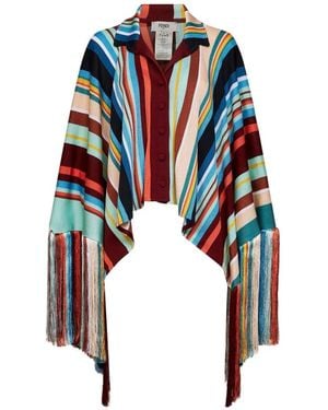 Fendi Intarsia-Knit Fringed Poncho - White