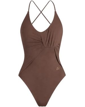Blumarine Ruched Crossover-Strap Swimsuit - Brown