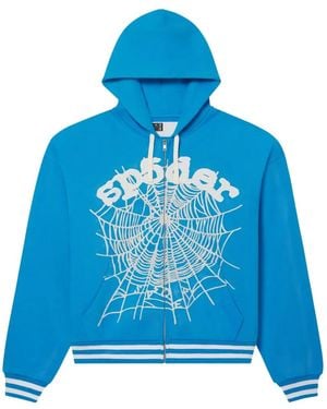 Sp5der Logo-Print Hoodie - Blue