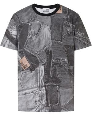 Love Moschino Denim-Print Cotton T-Shirt - Grey