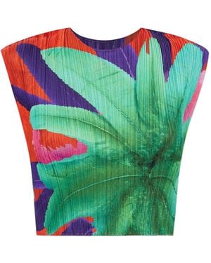 Pleats Please Issey Miyake Pleated Floral-Print Top - Green
