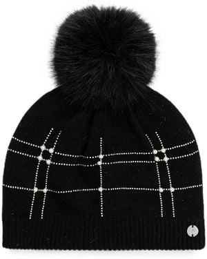 Joseph Ribkoff Pompom Detail Beaded Beanie - Black