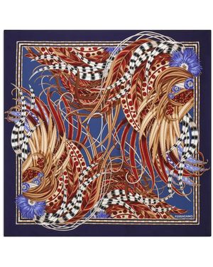 Ferragamo Rooster-Print Silk Scarf - Blue