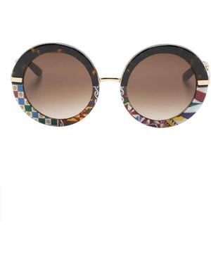 Dolce & Gabbana Floral-Print Round-Frame Sunglasses - Brown