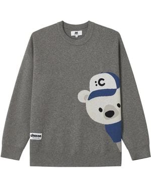 Chocoolate Bear-Intarsia Crew-Neck Sweater - Gray