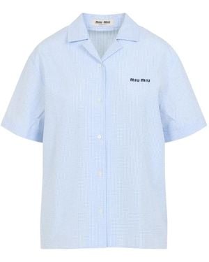 Miu Miu Gingham-Check Logo-Embroidered Shirt - Blue