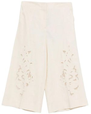 Twinset Linen Blend Cropped Trousers With Embroidery - White