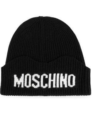 Moschino Logo-Intarsia Ribbed Beanie Hat - Black