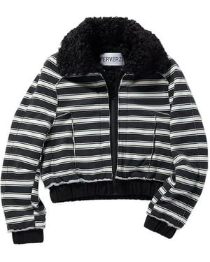 PERVERZE Striped Faux-Fur Collar Jacket - Black