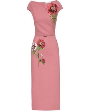 Oscar de la Renta Embroidered Belted Midi Dress - Pink