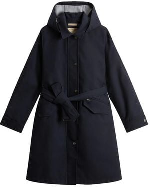 Woolrich Hooded Belted Water-Resistant Trench Coat - Blue
