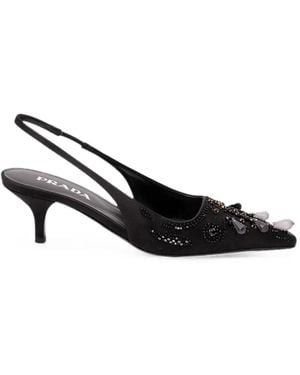 Prada Embroidered Satin Slingback Pumps - Nero