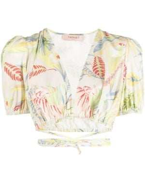 Twinset Floral-Print Wraparound Cropped Top - Pink