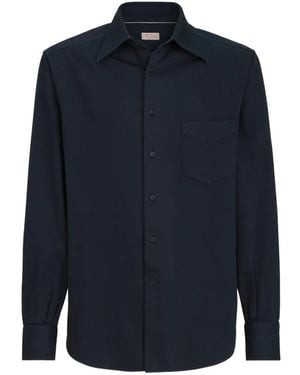 Brunello Cucinelli Katoenen Gabardine Overhemd Met Italiaanse Kraag En Borstzak - Blauw