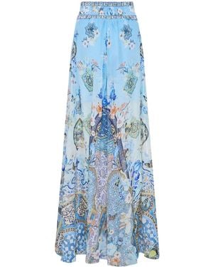 CAMILLA Al Manial Palace Embellished Printed Silk-Crepon Wide Leg Pants - Blue