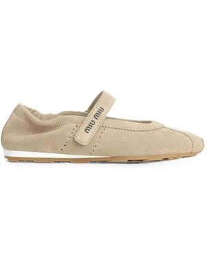 Miu Miu Plume Touch-Strap Suede Ballet Flats - White