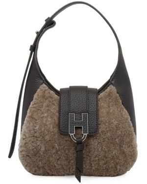 Hogan Faux-Fur-Trimmed Leather Shoulder Bag - Gray