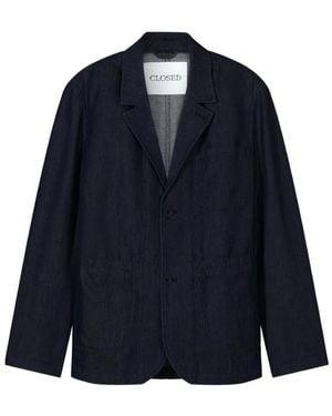 Closed Notch-Lapel Patch-Pocket Denim Jacket - Blue