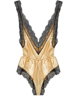 Dolce & Gabbana Lace-Trimmed Silk Bodysuit - Metallic