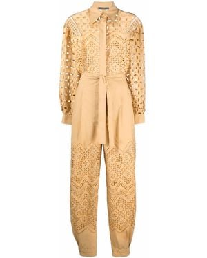 Alberta Ferretti Yellow Broderie Anglaise Belted Jumpsuit - Natural
