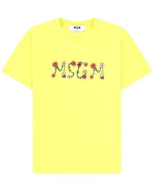 MSGM Floral-Logo T-Shirt - Yellow